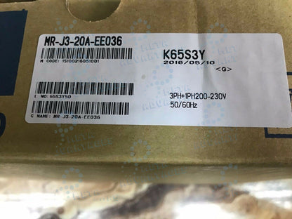 Mitsubishi MR-J3-20A-EE036 servo drive label, featuring product details and specifications.