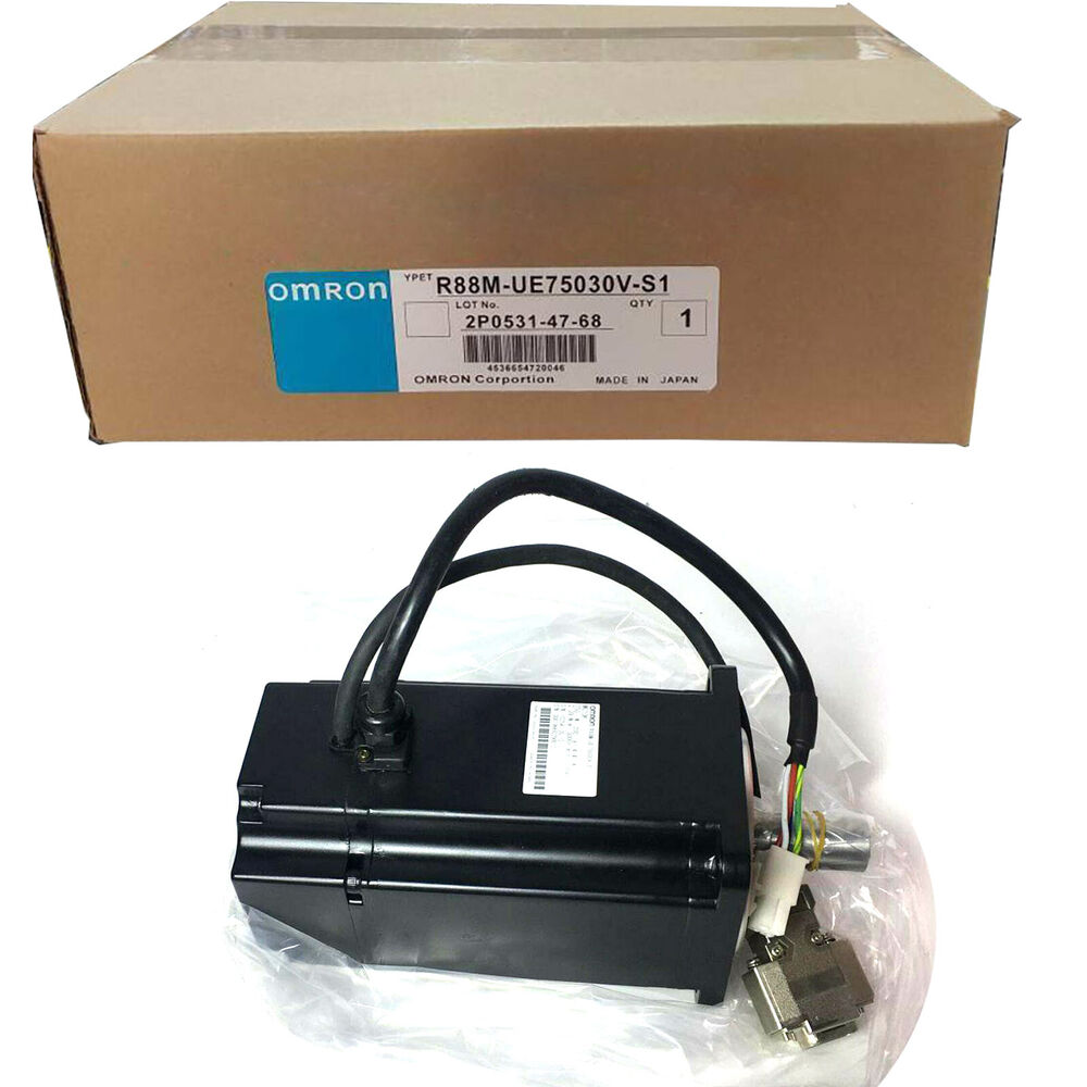 New Omron R88M-UE75030V-S1 servo motor in its original packaging, Made in Japan.