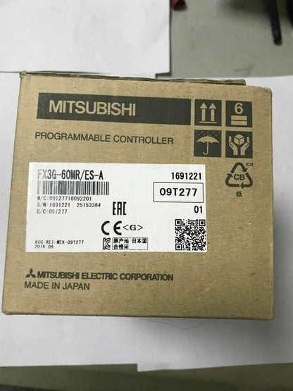 Mitsubishi FX3G-60MR/ES-A Programmable Controller packaging, model and certifications, Made in Japan.