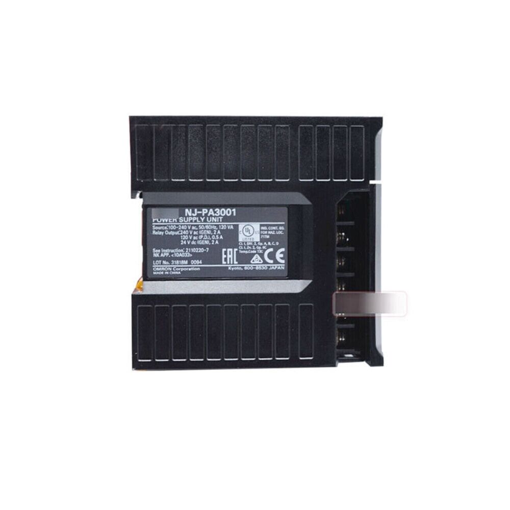 Omron NJ-PA3001 power supply unit, black, industrial automation part, front view with product label.