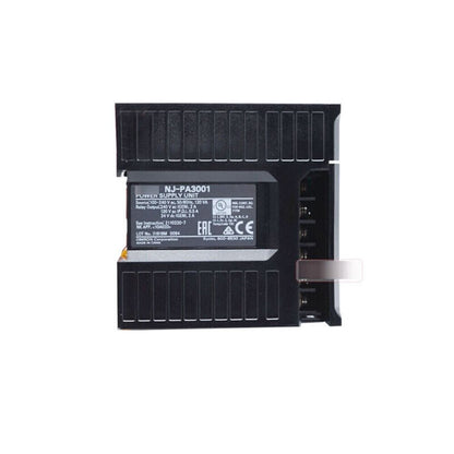 Omron NJ-PA3001 power supply unit, black, industrial automation part, front view with product label.