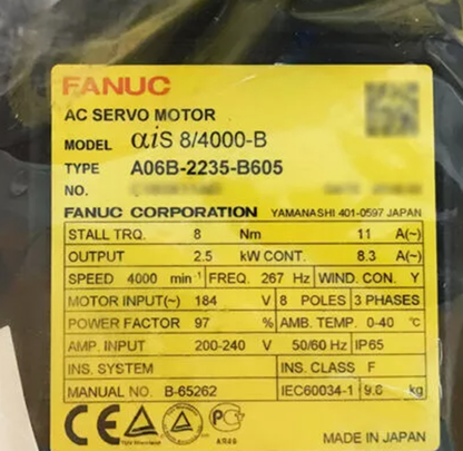 FANUC A06B-2235-B605 AC Servo Motor label with specifications, industrial automation part