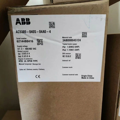 ABB ACS380-040S-04A0-4 frequency converter box label, 1.5KW, with specifications.
