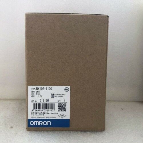 Omron NX102-1100 PLC Control Unit in box. Front view of the product packaging, with product information visible on the label.