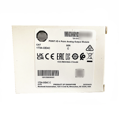 Allen-Bradley 1734-OE4C POINT I/O 4-Ch Analog Output Module label, Product of Singapore, Milwaukee, WI