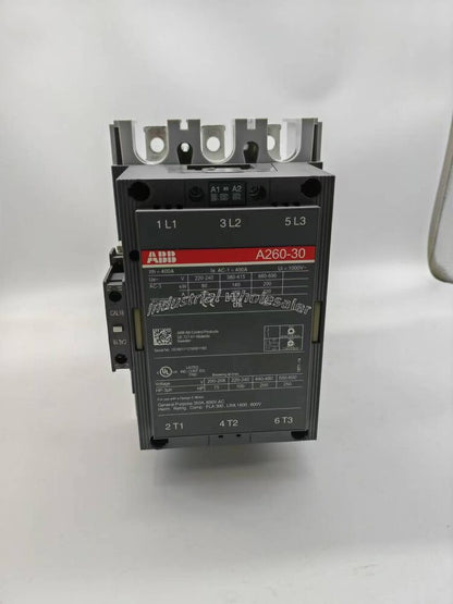 ABB A260-30 Contactor PLC Module, industrial automation part, 220-240V, gray and black.