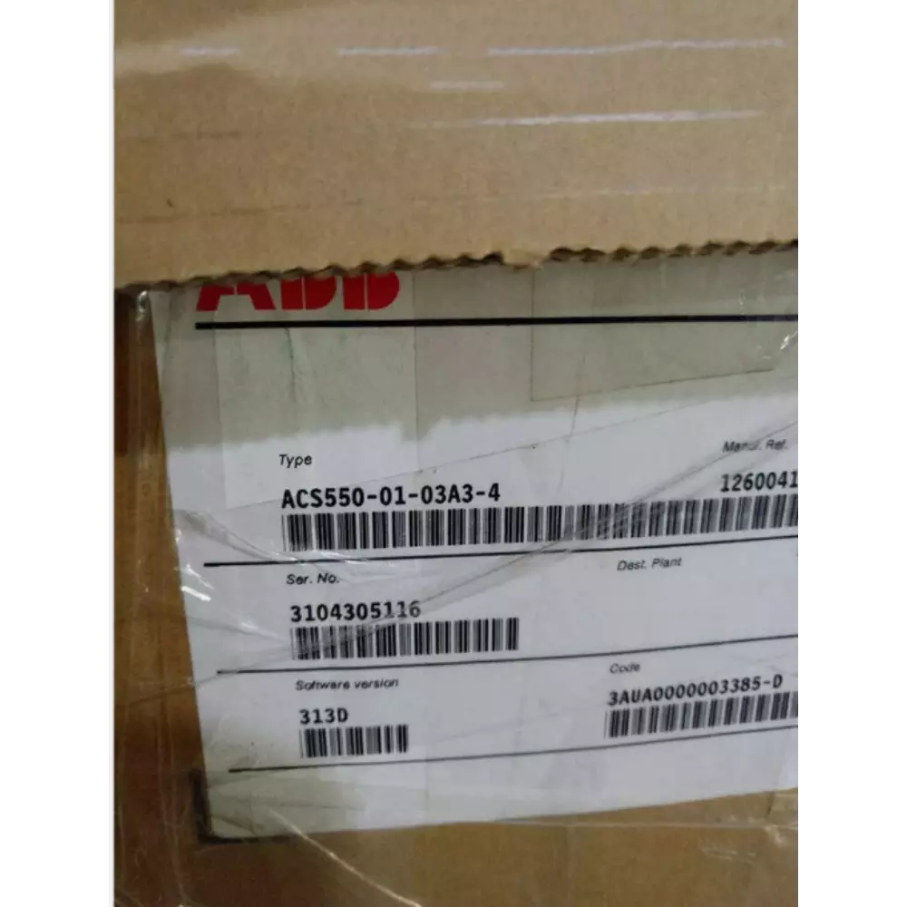 ABB ACS550-01-03A3-4 Inverter label showing type, serial number, and software version