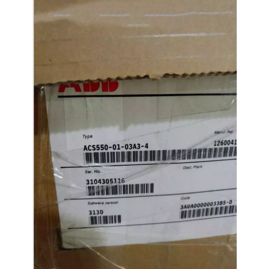 ABB ACS550-01-03A3-4 Inverter label showing type, serial number, and software version