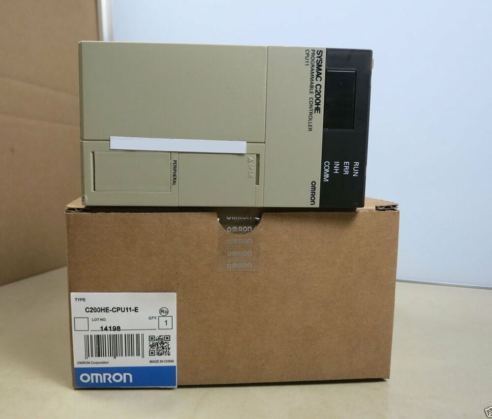 Omron C200HE-CPU11-E Programmable Logic Controller in original box, featuring part number and 'MADE IN CHINA' label.
