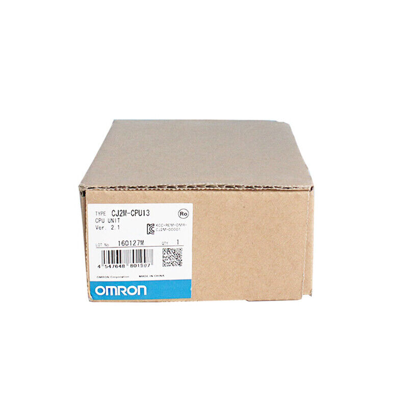 Omron CJ2M-CPU13 PLC Module CPU Unit in original box. Product details and authenticity label visible. Made in China.