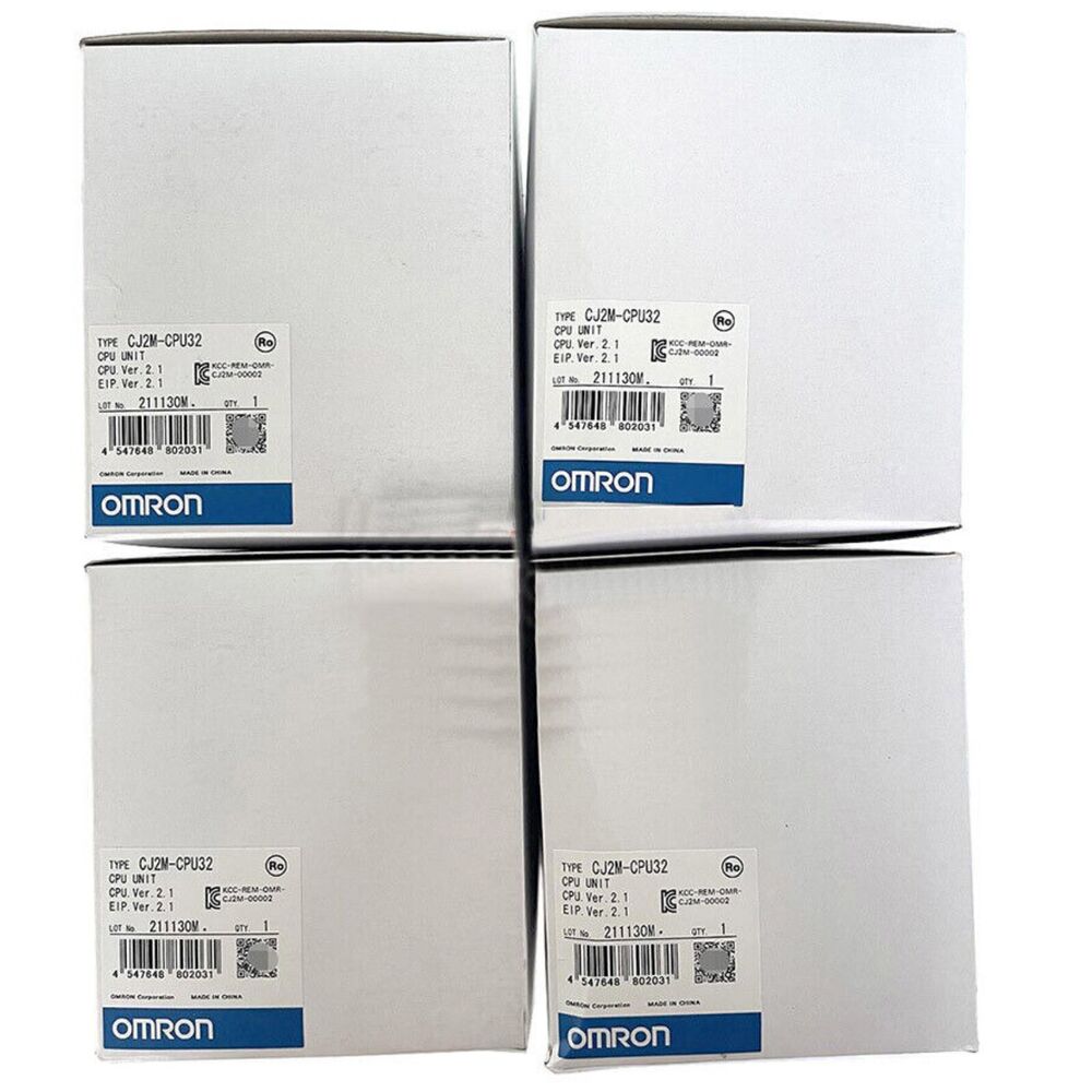 Omron CJ2M-CPU32 PLC CPU Unit boxes, featuring product information labels including Lot No. 211130M.