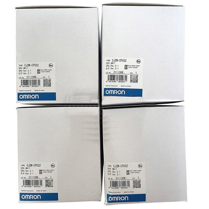 Omron CJ2M-CPU32 PLC CPU Unit boxes, featuring product information labels including Lot No. 211130M.