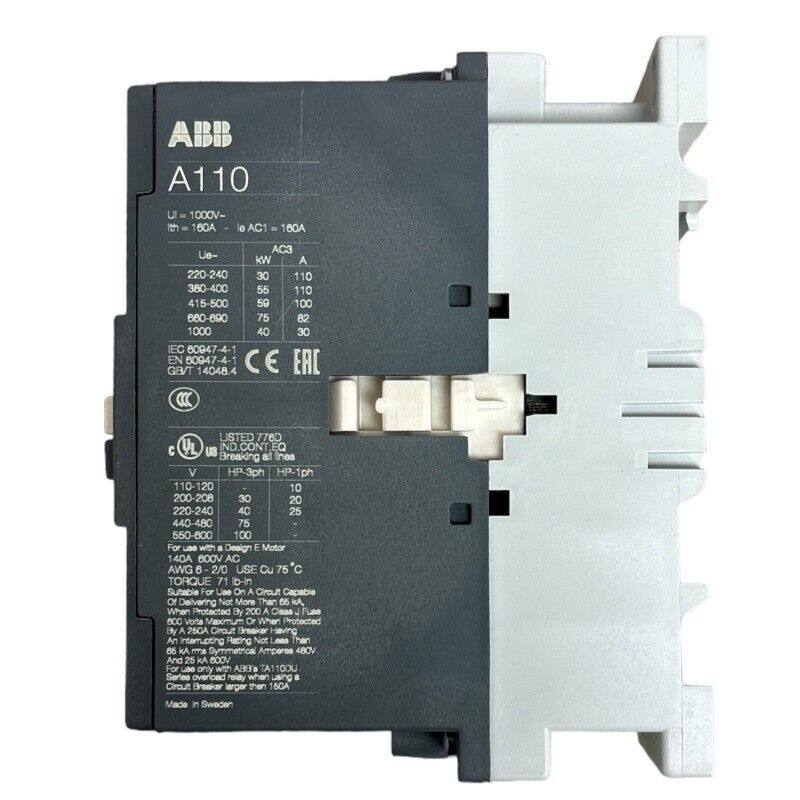 ABB A110 Contactor for industrial automation, gray body with white components, 220-240V, 110A, Made in Sweden.