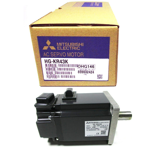 Mitsubishi HG-KR43K AC Servo Motor, black motor with label and brown box, industrial automation part