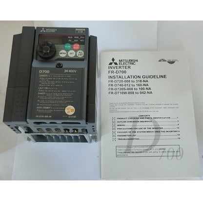 Mitsubishi FR-D700 Inverter, FR-D740-036-NA, industrial automation equipment, with installation guide.
