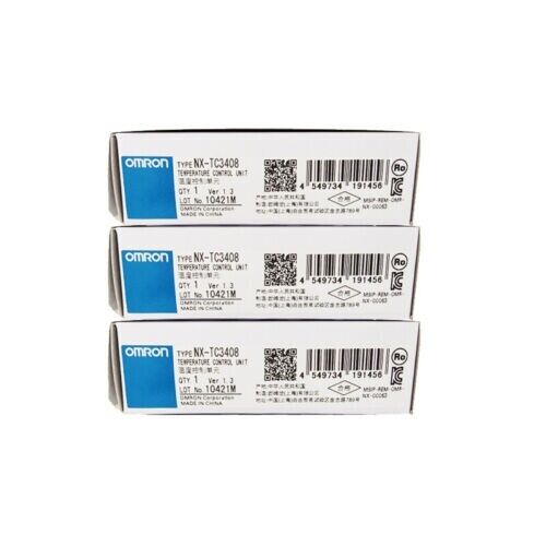 Omron NX-TC3408 temperature control unit boxes stacked, new in box with product information. Automation part.