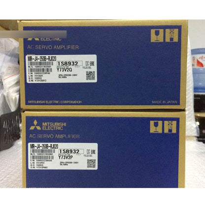 Mitsubishi MR-J4-350B-RJ020 AC Servo Amplifier box, new condition, featuring labels with specifications and Made in Japan.
