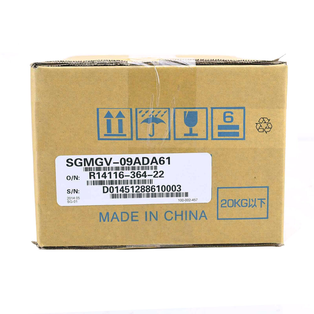 YASKAWA SGMGV-09ADA61 AC Servo Motor packaging box, MADE IN CHINA, with label showing product details.