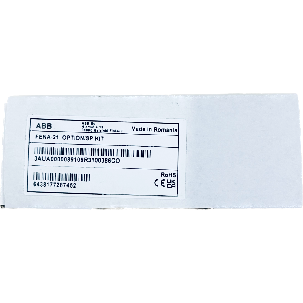 ABB FENA-21 Option/SP Kit label, industrial Ethernet adapter module. Includes serial number, CE marking, Made in Romania.