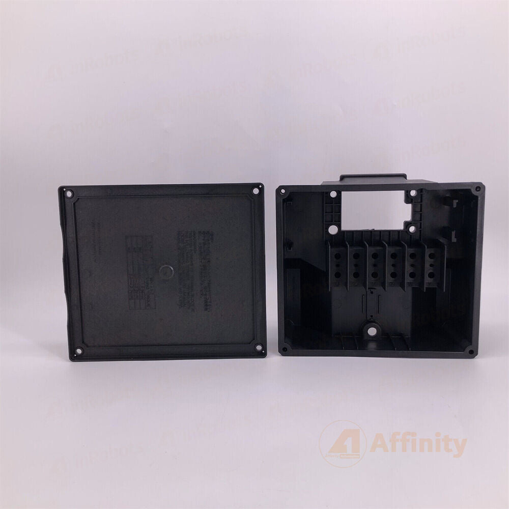 Black industrial junction box with cover open, used for Fanuc motor terminal, new and surplus parts available.