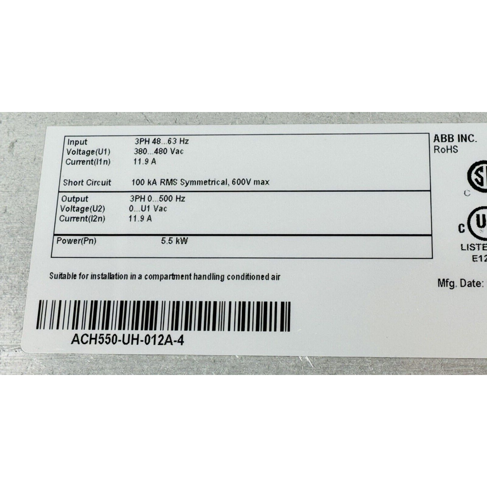 ABB ACH550-UH-012A-4 AC Drive specifications label. Features input, output, and power details, industrial automation part.