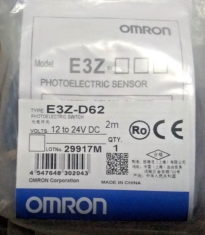 Omron E3Z-D62 photoelectric sensor, 12 to 24V DC, 2m range, new product.