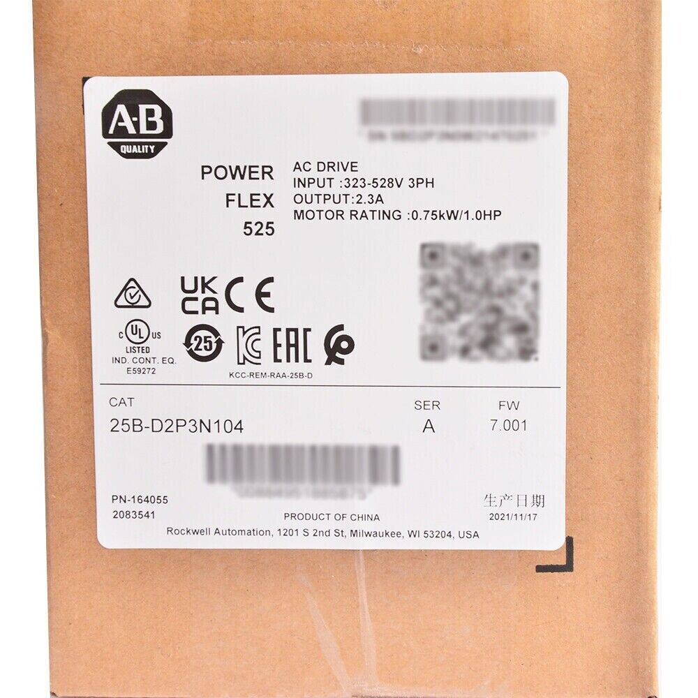 Allen-Bradley PowerFlex 525 AC Drive label, 25B-D2P3N104, 0.75kW/1HP, with specifications and certifications.