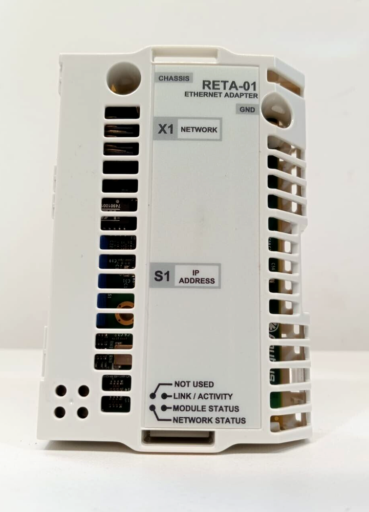 ABB RETA-01 Ethernet Adapter for PLC Automation, White plastic enclosure, with network and IP address labels.