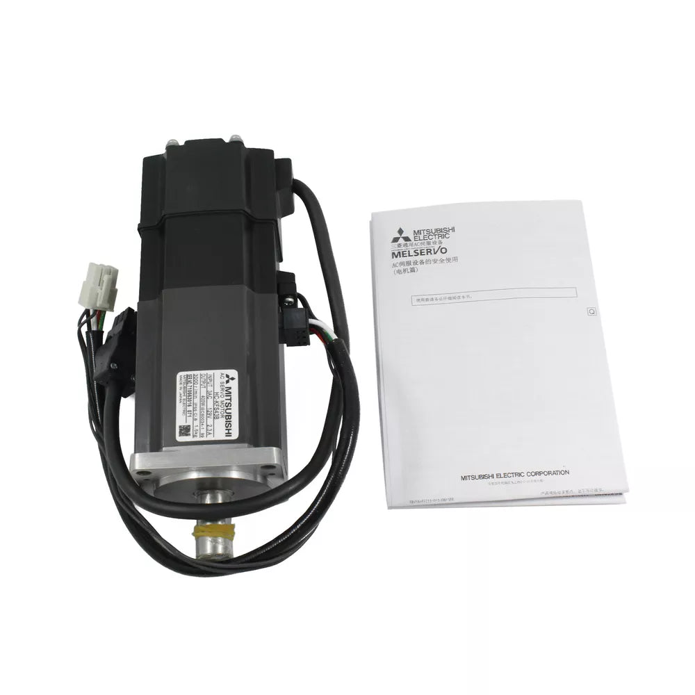Mitsubishi HC-KFS43B AC Servo Motor with wiring and manual, 400W output, for industrial automation.