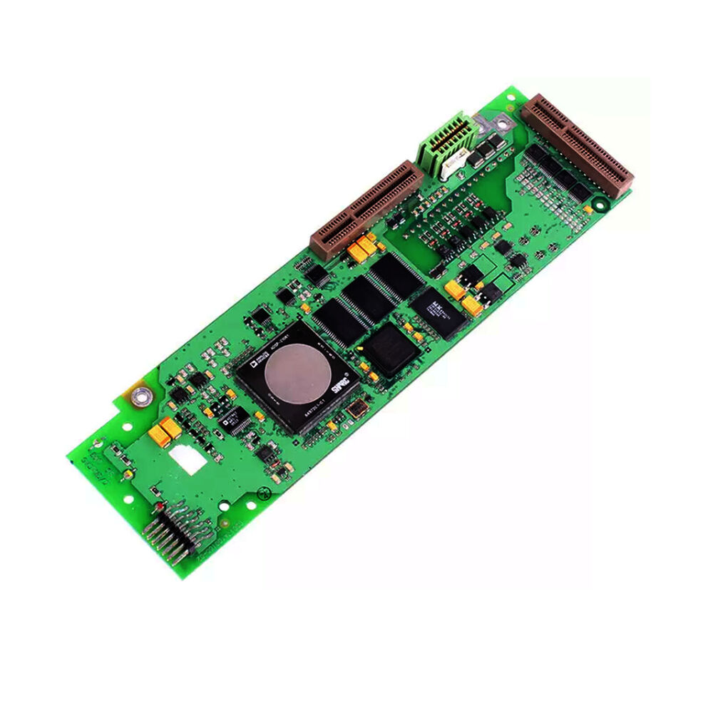 Controller module, green circuit board with connectors, used and tested control card, top-down view.