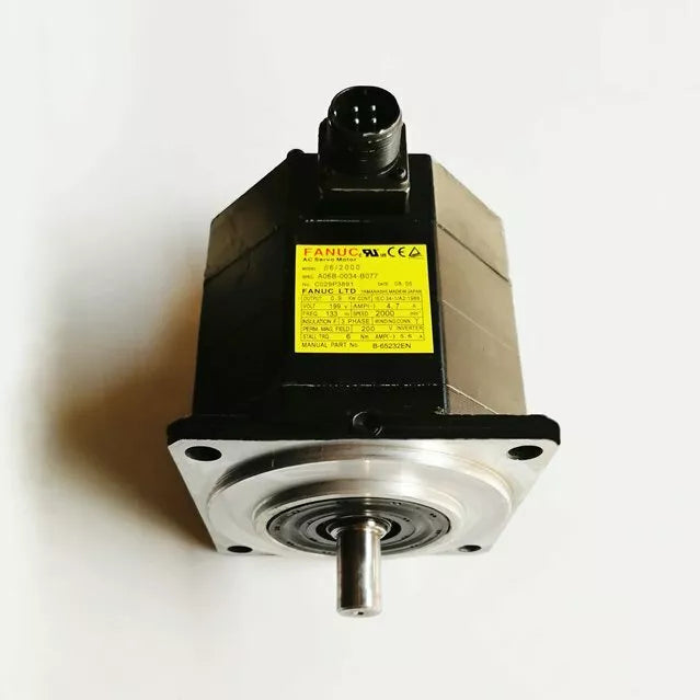 FANUC A06B-0034-B077 Servo Motor, industrial automation part, black body, silver shaft, model 86/2000.