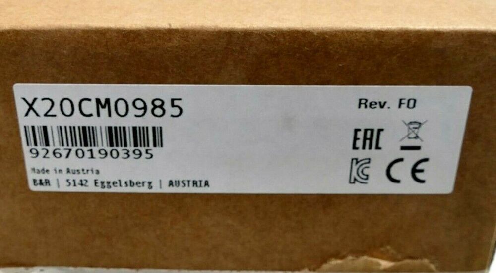 B&R X20CM0985 I/O Module product label, Rev. F0, Made in Austria, PLC module