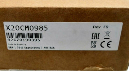 B&R X20CM0985 I/O Module product label, Rev. F0, Made in Austria, PLC module