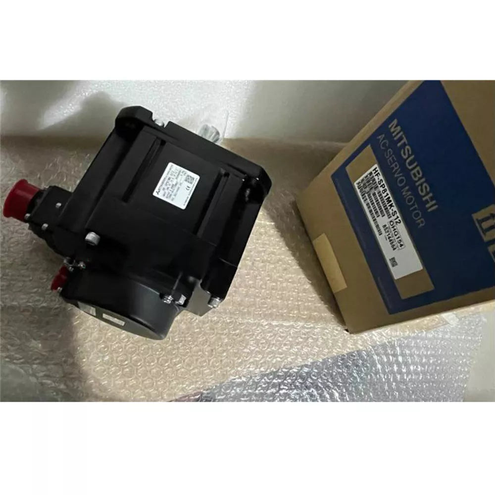 Mitsubishi HF-SP81MK-S12 AC Servo Motor, black, with red cap, packaged. Product label visible.