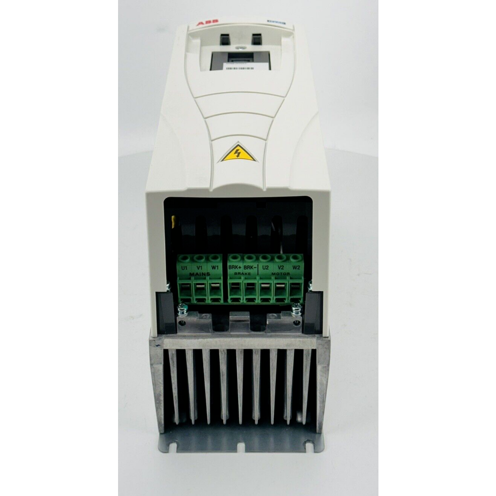 ABB ACH550-UH-012A-4 AC Drive. White casing with green terminals for HVAC and power applications. Industrial automation.