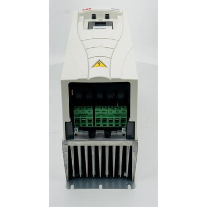 ABB ACH550-UH-012A-4 AC Drive. White casing with green terminals for HVAC and power applications. Industrial automation.