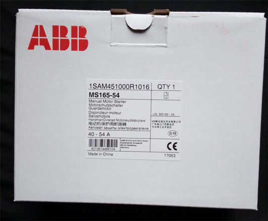ABB MS165-54 Motor protection circuit breaker box, featuring product information and specifications.