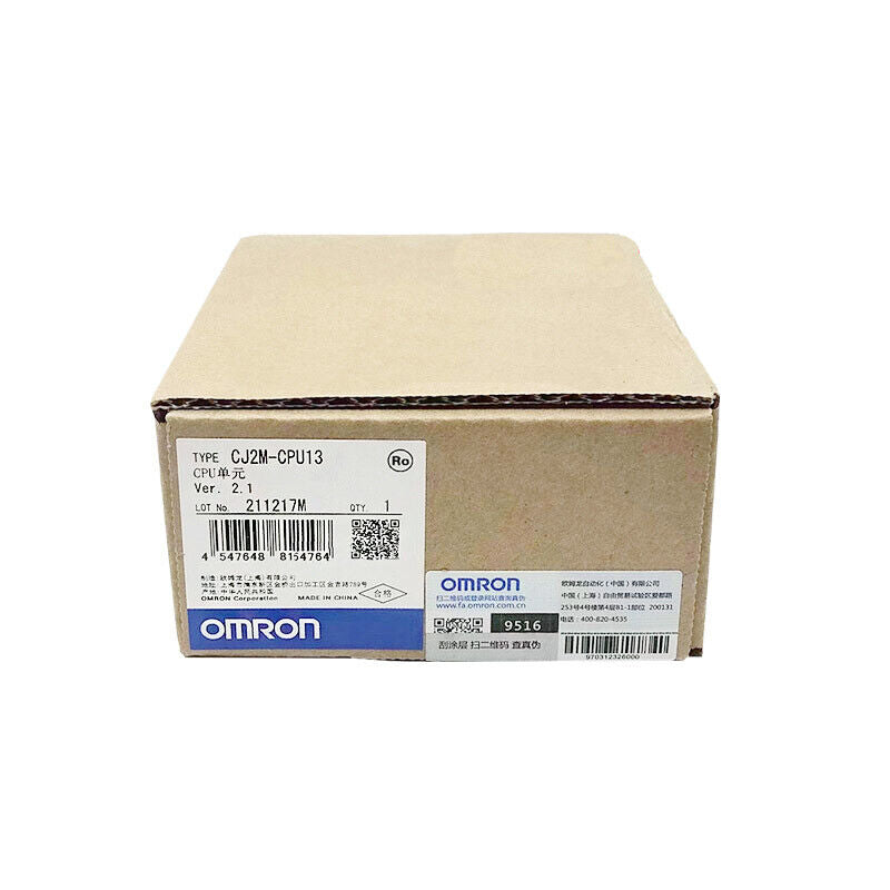 Omron CJ2M-CPU13 PLC Module in original box, new condition, Made in China. Includes product details and authenticity label.