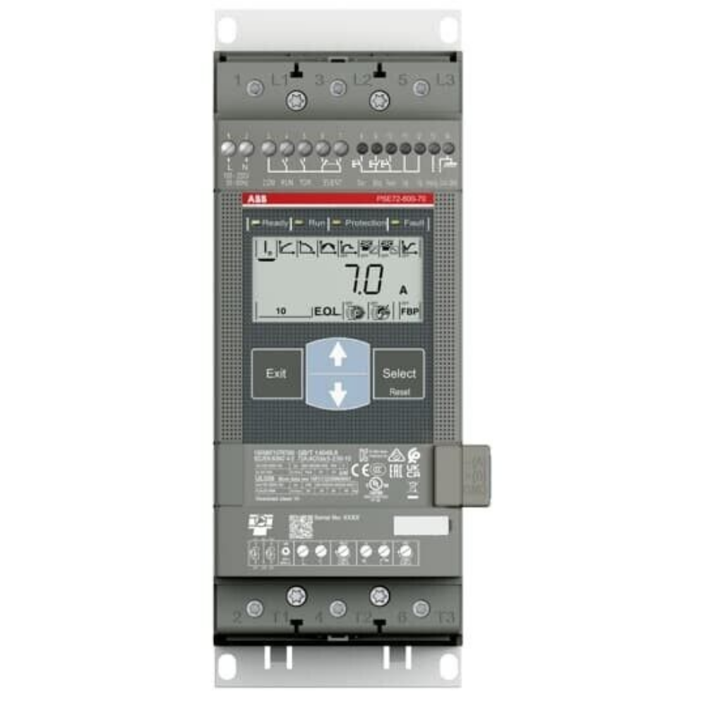 ABB PSE72-600-70 Soft Starter with digital display showing 7.0 A, Industrial Automation Equipment