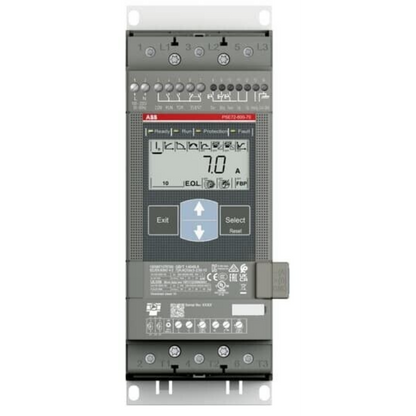 ABB PSE72-600-70 Soft Starter with digital display showing 7.0 A, Industrial Automation Equipment