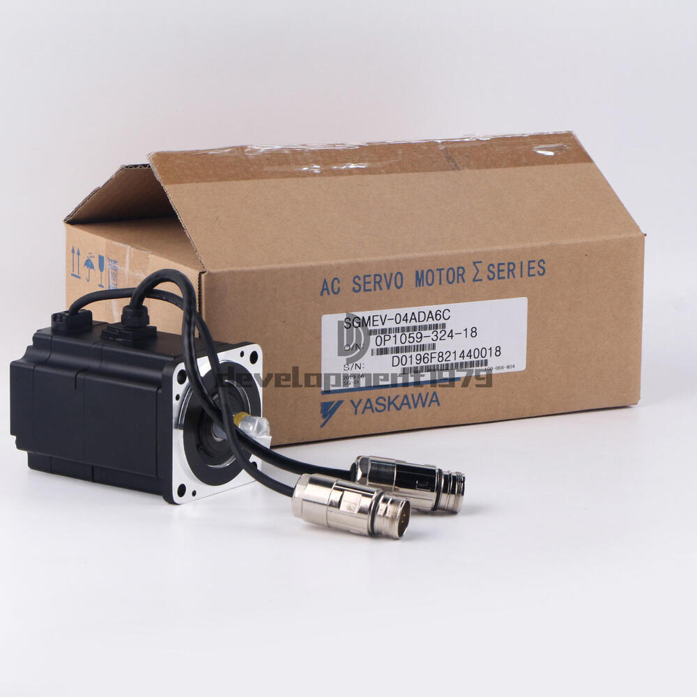 YASKAWA AC Servo Motor SGMEV-04ADA6C, packaged in a cardboard box.  Black and silver industrial motor with attached cables.