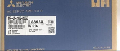 Mitsubishi MR-J4-200B-RJ020 Servo Drive box with model details, Made in Japan