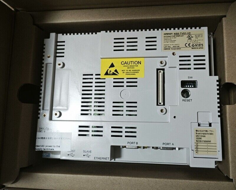 Omron NS8-TV01-V2 interactive display HMI unit back view, new in box, industrial automation part.