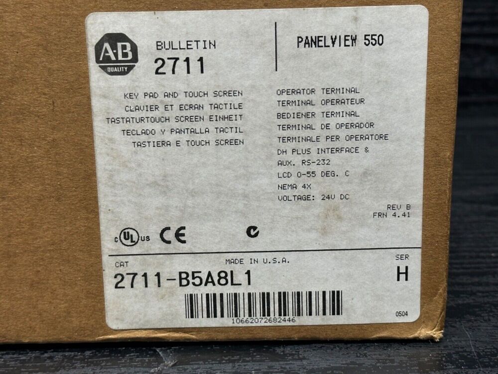 Allen-Bradley PanelView 550 product label: 2711-B5A8L1, key pad, touch screen. Made in U.S.A. Industrial PLC part.