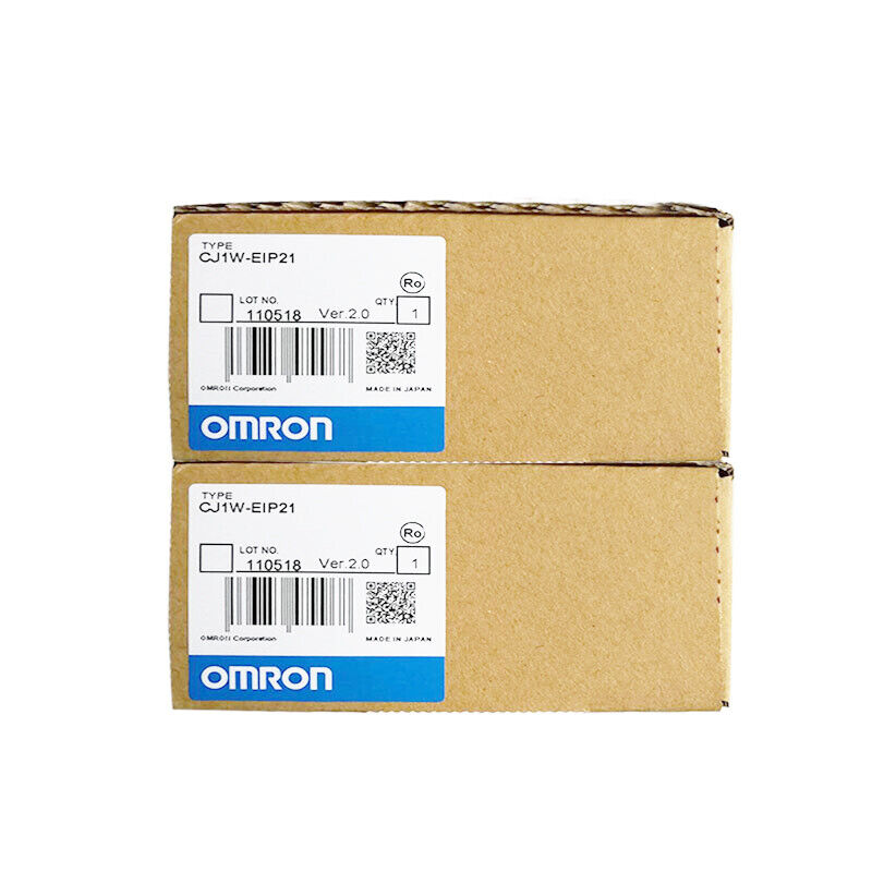 Omron CJ1W-EIP21 Ethernet PLC Module in box, showing product label and specifications.