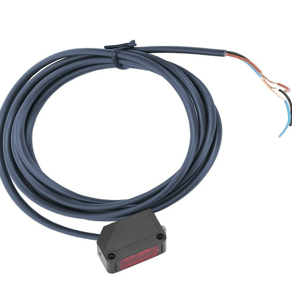 Omron E3Z-D82 photoelectric sensor with dark gray cable, red light, for industrial automation.