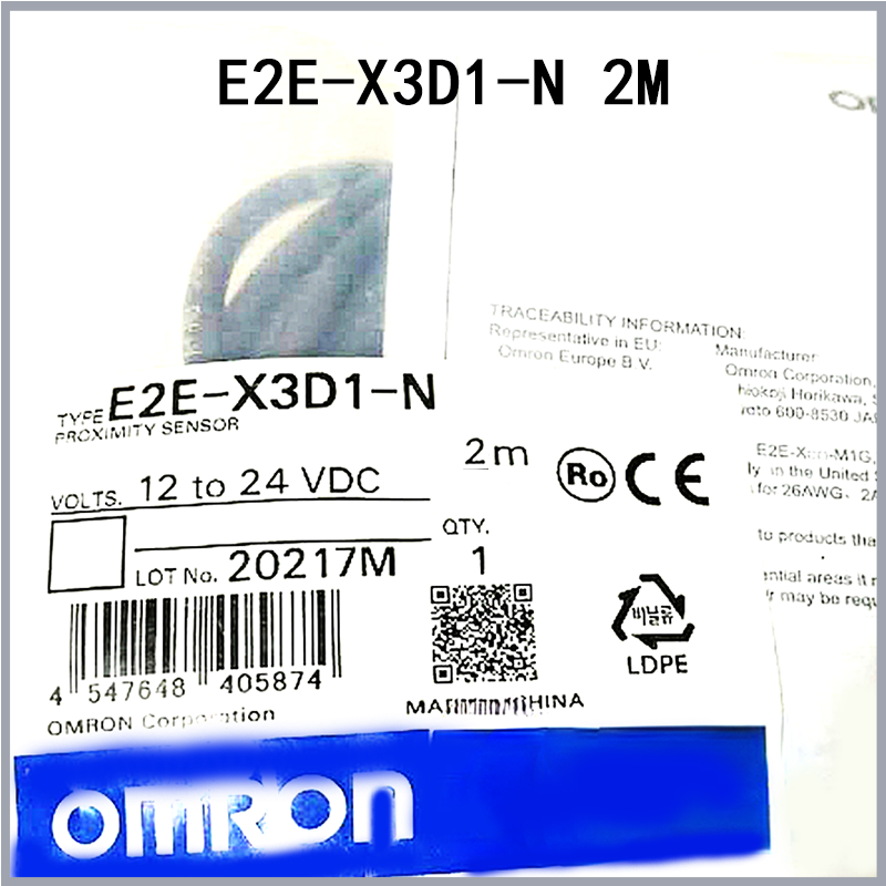 Omron E2E-X3D1-N proximity sensor label with specifications, 2M, 12 to 24 VDC, industrial automation part, Made in China