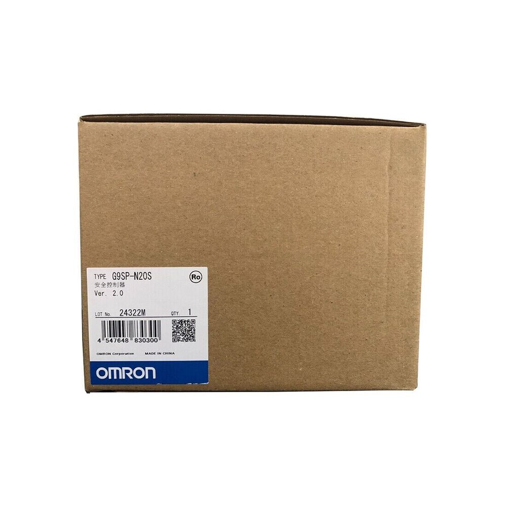 New Omron G9SP-N20S PLC Safety Controller box, brown cardboard, featuring product details and brand logo.