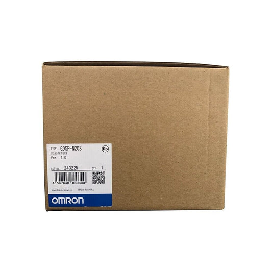 New Omron G9SP-N20S PLC Safety Controller box, brown cardboard, featuring product details and brand logo.