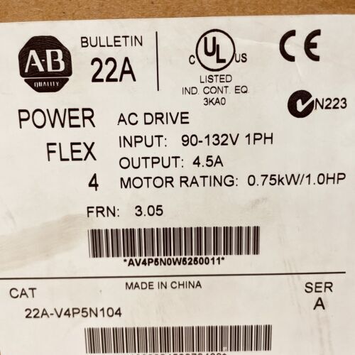 New Sealed Allen Bradley 22A-V4P5N104 AB PowerFlex 4 0.75kW 1HP AC Drive INPUT